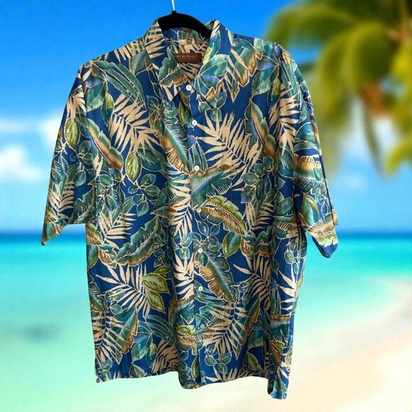 Tori Richard Vintage Hawaiian Green Blue Palm Leaf Print Cotton Lawn Aloha Shirt - Picture 1 of 9